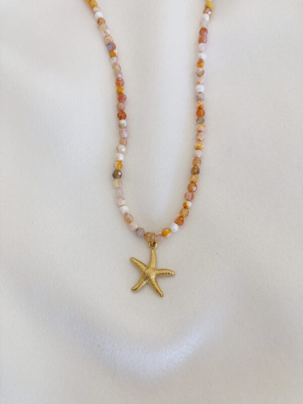 Colar com Fecho Circular com Malha Rectangular e Pedras Azuis com Estrela do Mar e Pérola